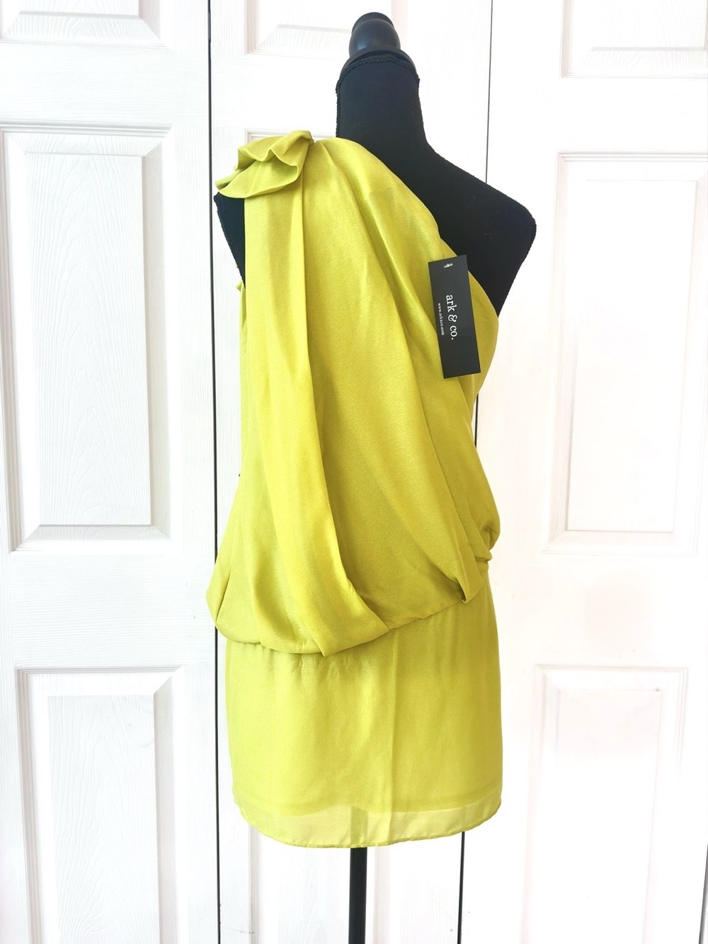 Ark & Co Chartreuse One Shoulder Rhinestone Ruffle Cocktail Mini Dress - Picture 5 of 14